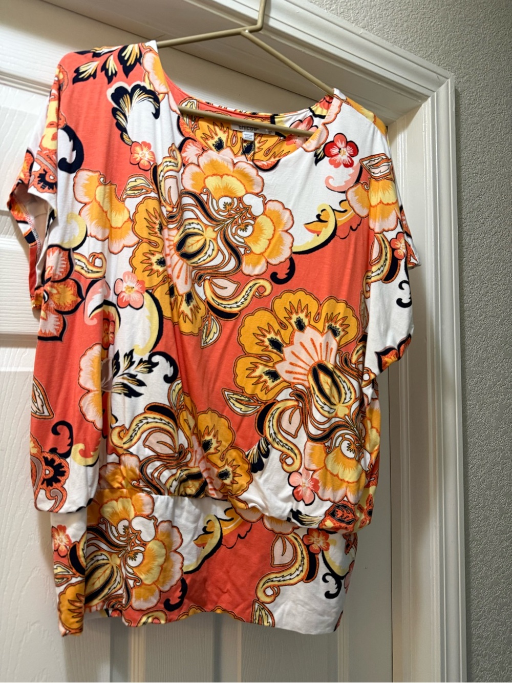 Chico's Coral & Yellow Floral Dolman Sleeve Top size 3